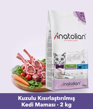 Anatolian Premium kuzulu kısırlaştırılmış kedi maması 2 kg paketi ve gerçek kuzu eti tabağı