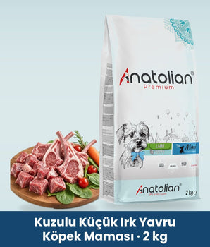 Anatolian Premium kuzulu küçük ırk yavru köpek maması 2 kg paketi ve kuzu eti tabağı