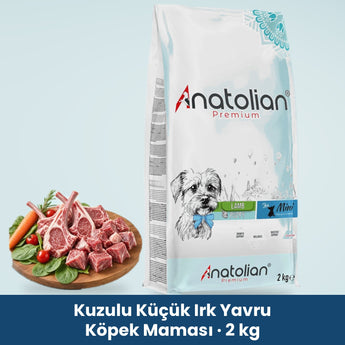 Anatolian Premium Kuzulu Küçük Irk Yavru Köpek Maması 2 kg paketi ve kuzu eti tabağı