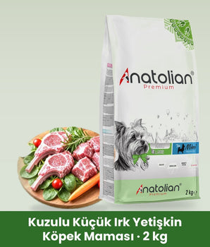 Anatolian Premium kuzulu küçük ırk yetişkin köpek maması 2 kg paketi ve kuzu eti tabağı