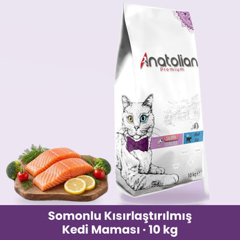 Anatolian Premium Somonlu Kısırlaştırılmış Kedi Maması 10 kg paketi ve somon tabağı