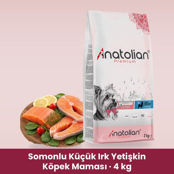 Anatolian Premium somonlu küçük ırk yetişkin köpek maması 4 kg paketi ve somon tabağı