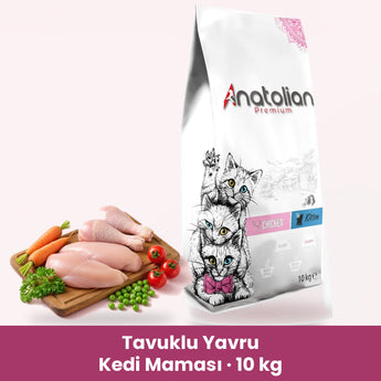 Anatolian Premium Tavuklu Yavru Kedi Maması 10 kg paketi ve tavuk tabağı
