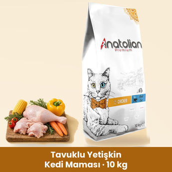 Anatolian Premium Tavuklu Yetişkin Kedi Maması 10 kg paketi ve tavuk tabağı