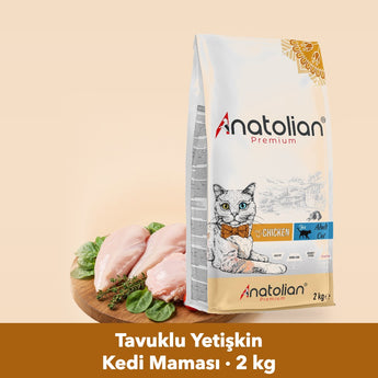 Anatolian Premium tavuklu yetişkin kedi maması 2 kg paketi ve gerçek tavuk eti tabağı