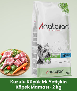 Anatolian Premium Kuzulu Küçük Irk Yetişkin Köpek Maması 2 kg paketi ve kuzu eti tabağı